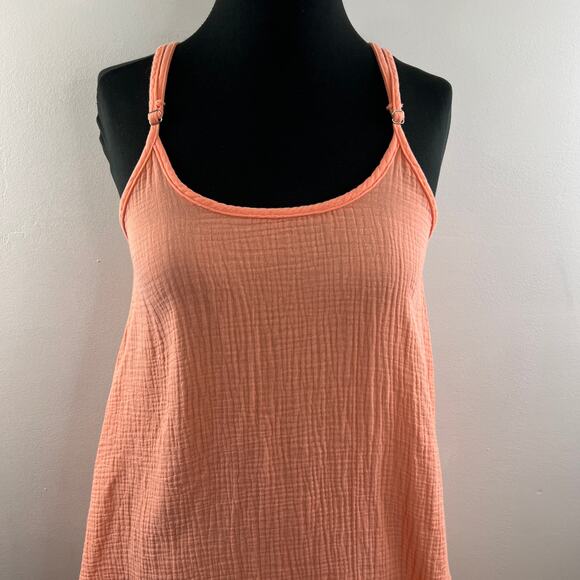 BOBI Coral Orange Scoop Neck Sleeveless Gauze Cotton Seersucker Mini Dresss S - Picture 2 of 10